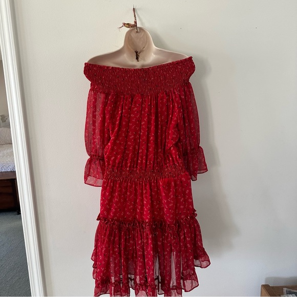 Misa Los Angeles Darla Red Floral Off Shoulder Tiered Ruffle Mini Dress L (JJ) - Picture 6 of 7